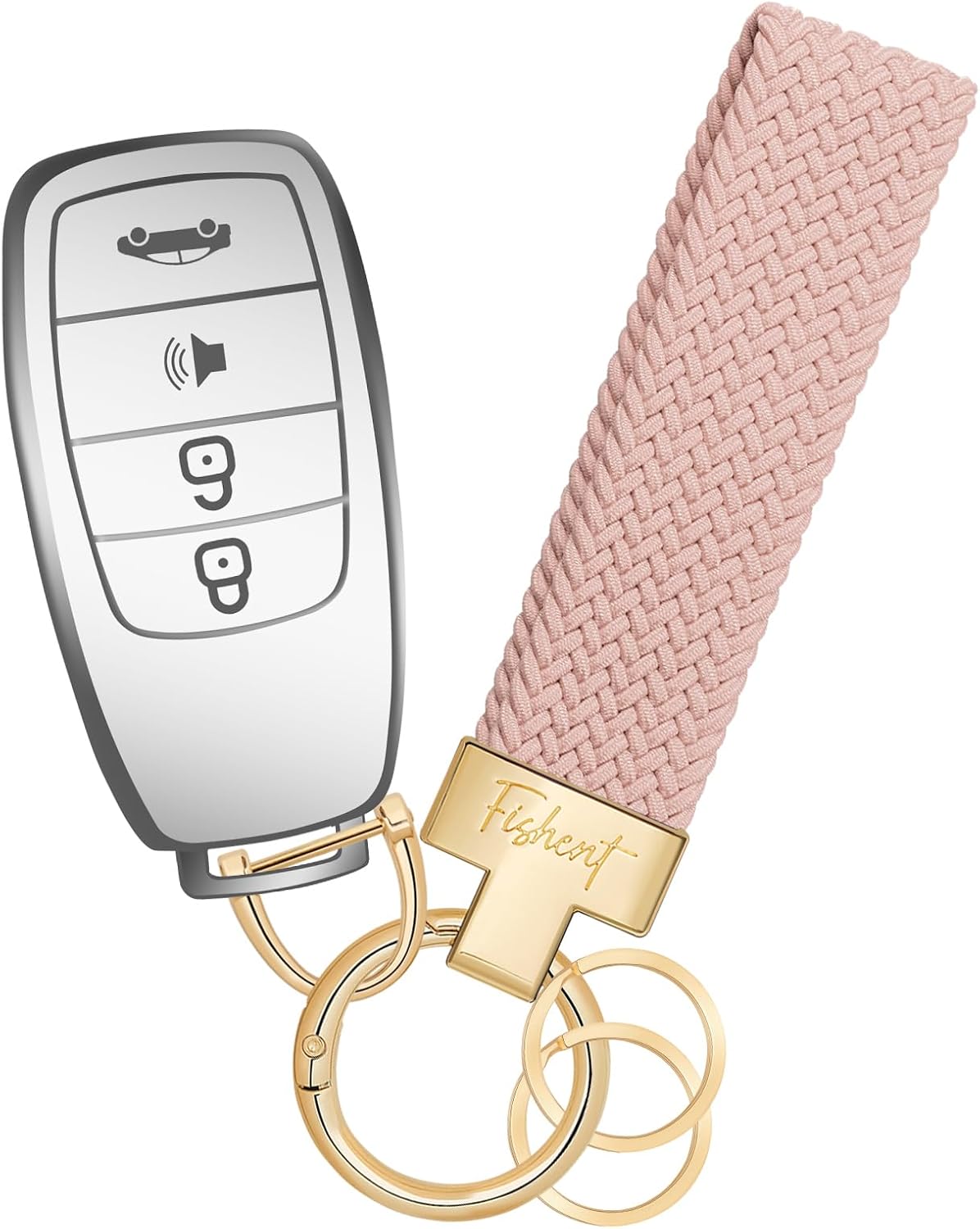 Fishent Stretchy Car Keychain, Nylon Braided Cool Key Chain for Women Men, Universal Key Fob Holder with 3 Keyrings, Anti-Lost D-Ring, Car Accessories, Starlight