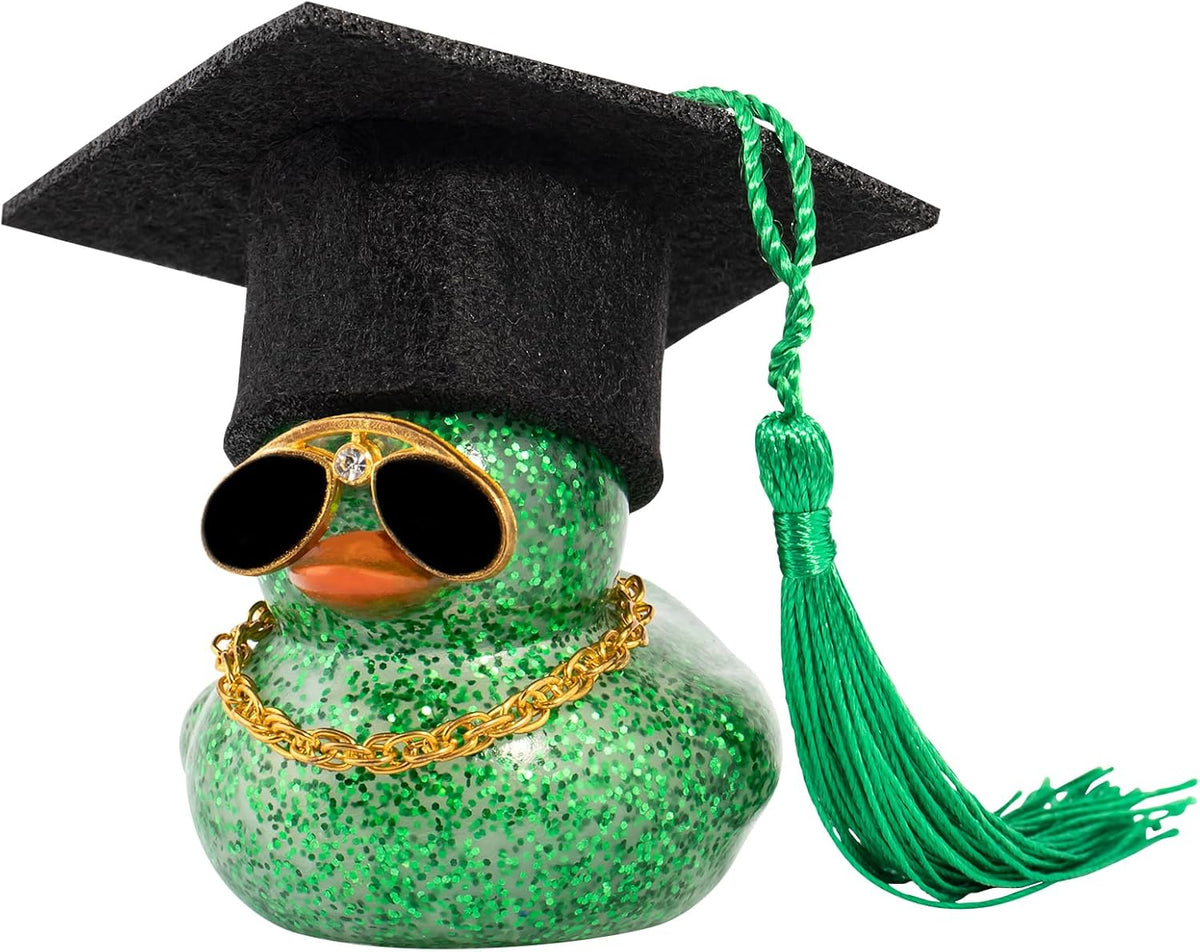 wonuu Car Dashboard Decor Graduation Hat Color Rubber Duck, Car Ducks Ornaments with Mini Graduation Hat Necklace Sunglasses (Gold)