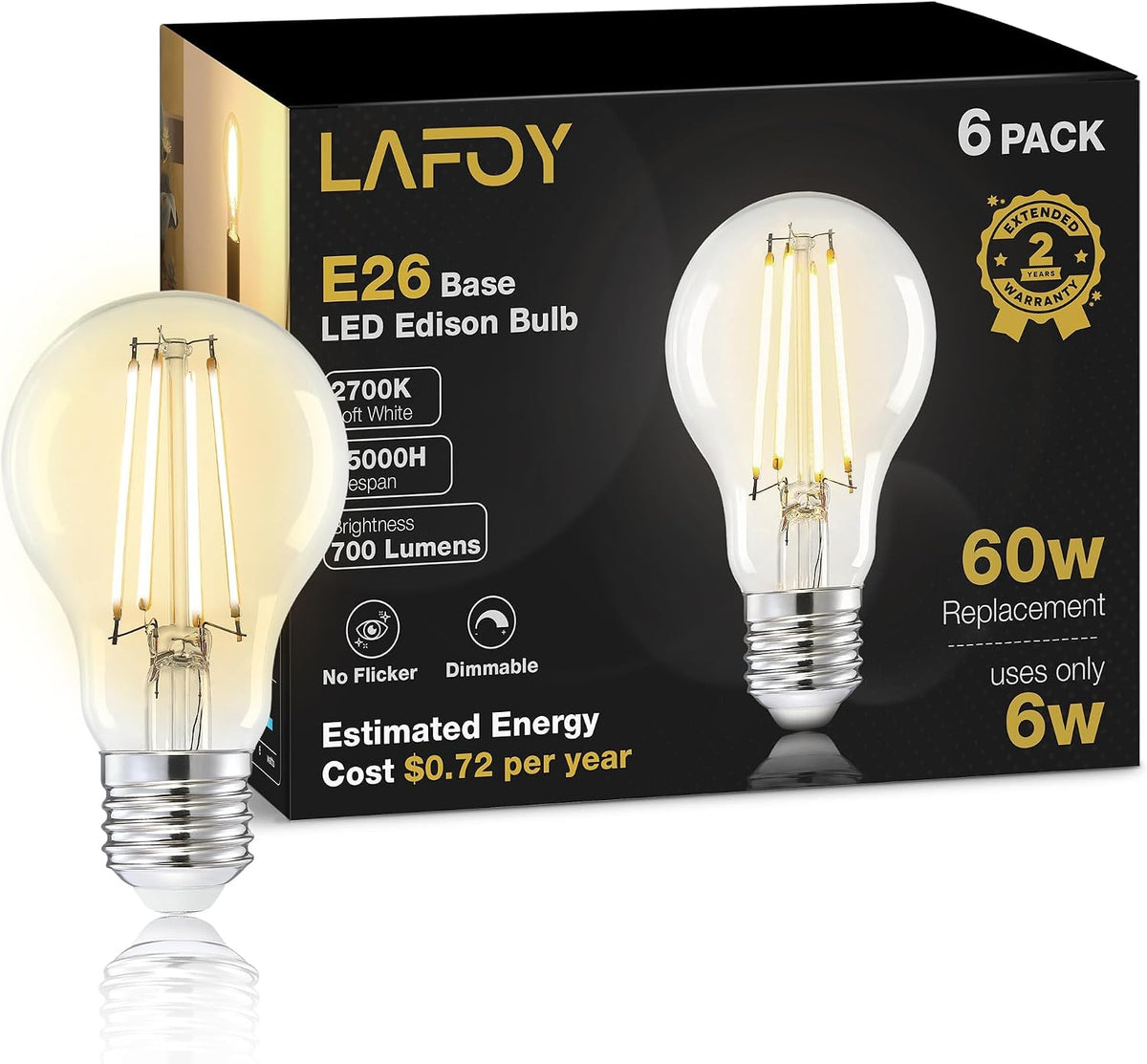 Lafoy A19 Amber Edison Bulbs, Dimmable E26 LED 60 Watt Equivalent 6 Pack