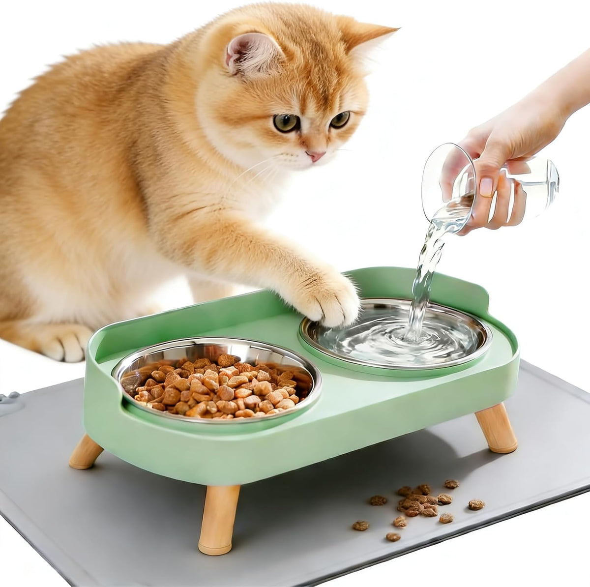 Elevated Cat Bowls with Food Mat, Splash Proof Anti Vomiting Raised Cat Food and Water Bowl Set, 2 Stainless Steel Dishes for Cats and Puppy, Pet Bowl for Indoor Cats White