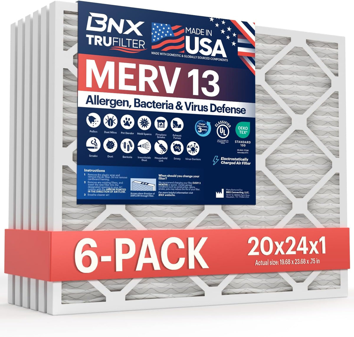 BNX TruFilter 20x20x1 Air Filter MERV 13 AC Filter, HVAC Furnace Filter, 6 Pack (ACTUAL SIZE 19.69"x19.69"x0.75") Allergies, Dust, Pet Dander & Smoke - MADE IN USA - MPR1500 / FPR 10
