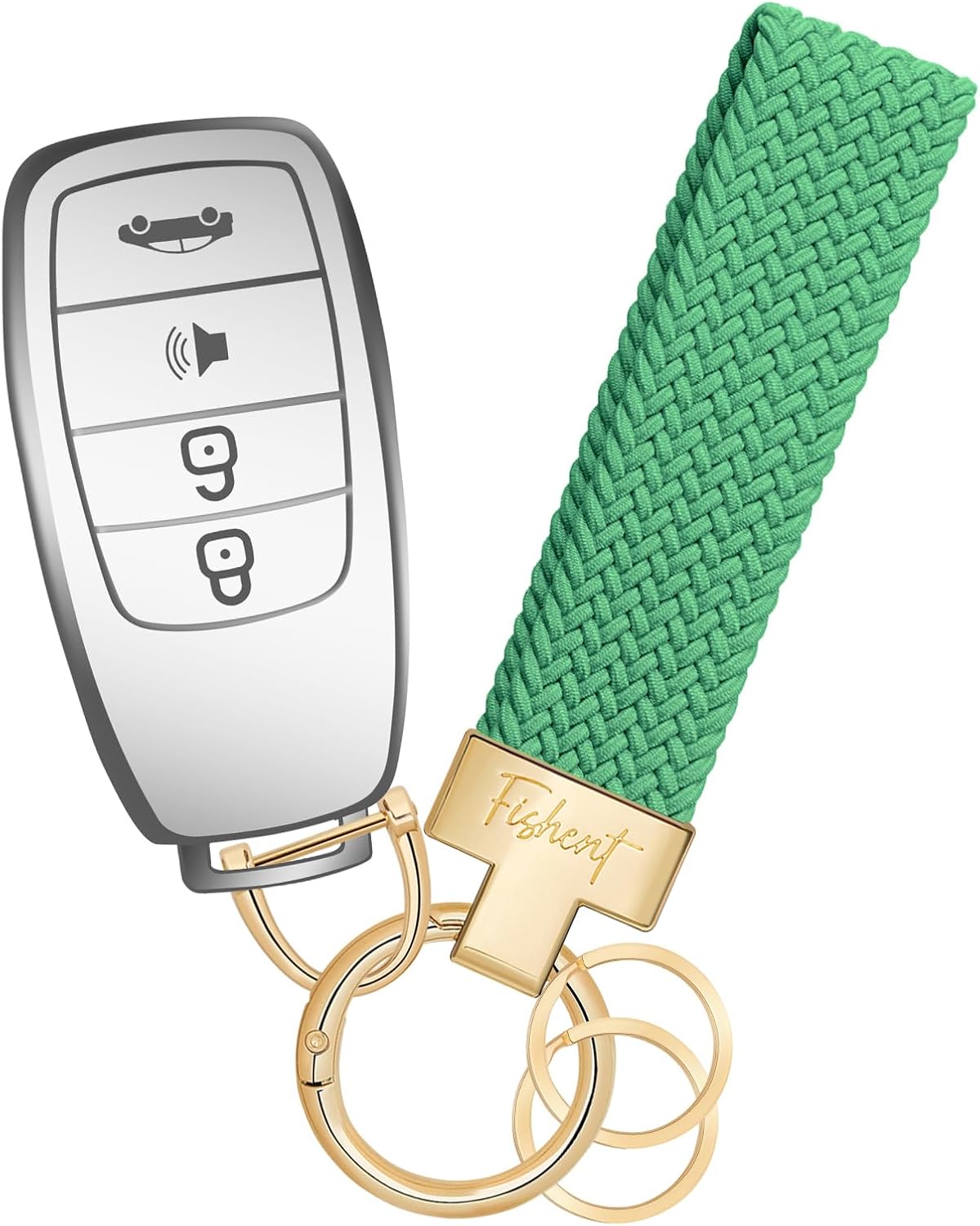 Fishent Stretchy Car Keychain, Nylon Braided Cool Key Chain for Women Men, Universal Key Fob Holder with 3 Keyrings, Anti-Lost D-Ring, Car Accessories, Starlight