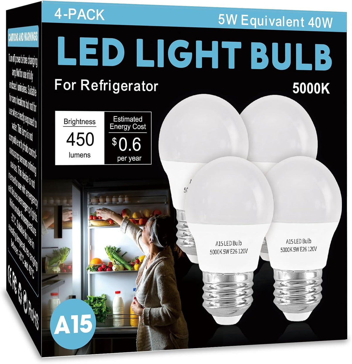 LED Refrigerator Light Bulb 2 Pack，Dimmable A15 5000K 40W Equivalent