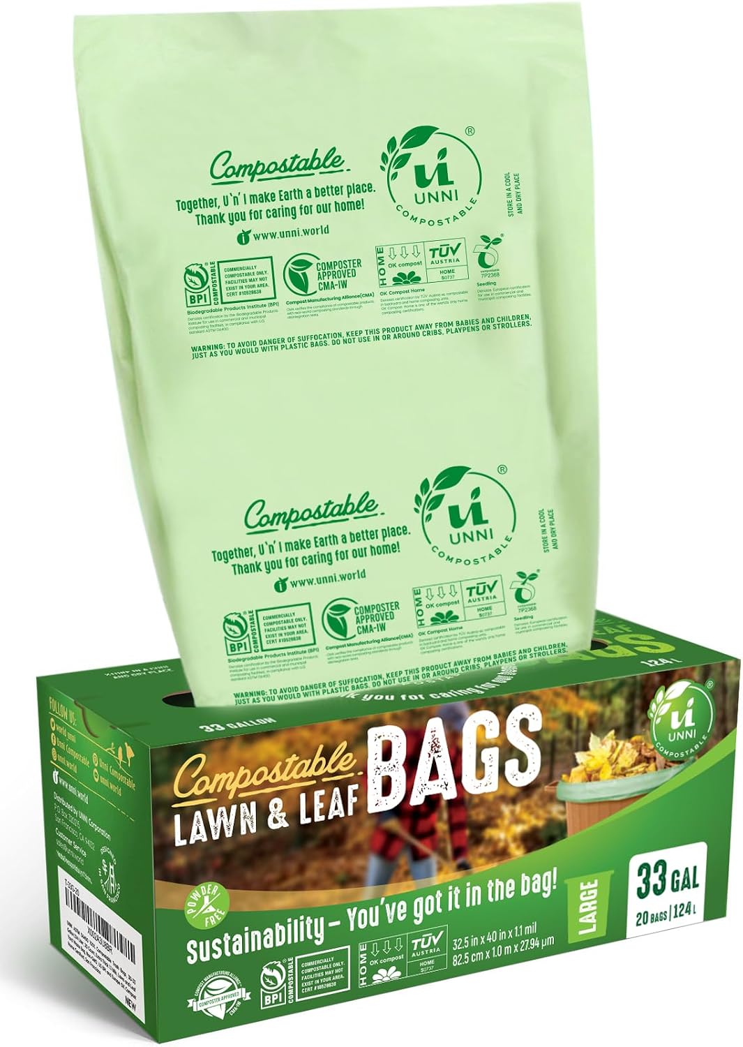 UNNI 2.6 Gallon Compostable Bags, 100 Count, 10 Liter, Extra Thick 0.71 Mil