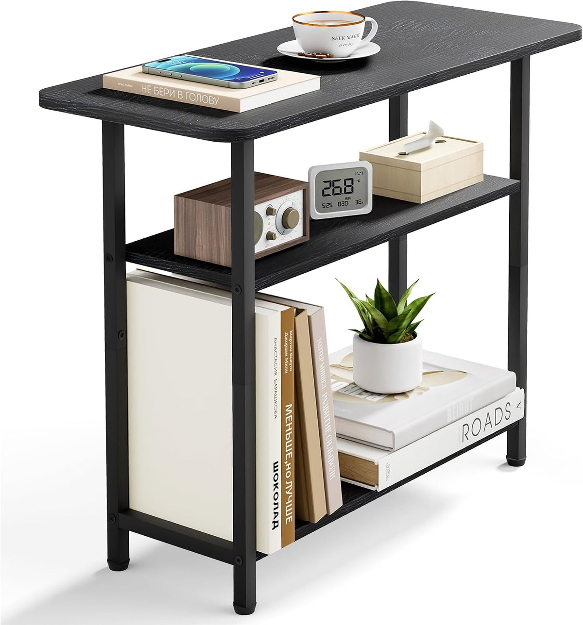 SLEEPING LAMB Side Table for Living Room, 3-Tier End Table for Small Space with Wide Storage Tabletop, Rustic Brown Narrow Nightstand for Bedroom, Sofa Couch