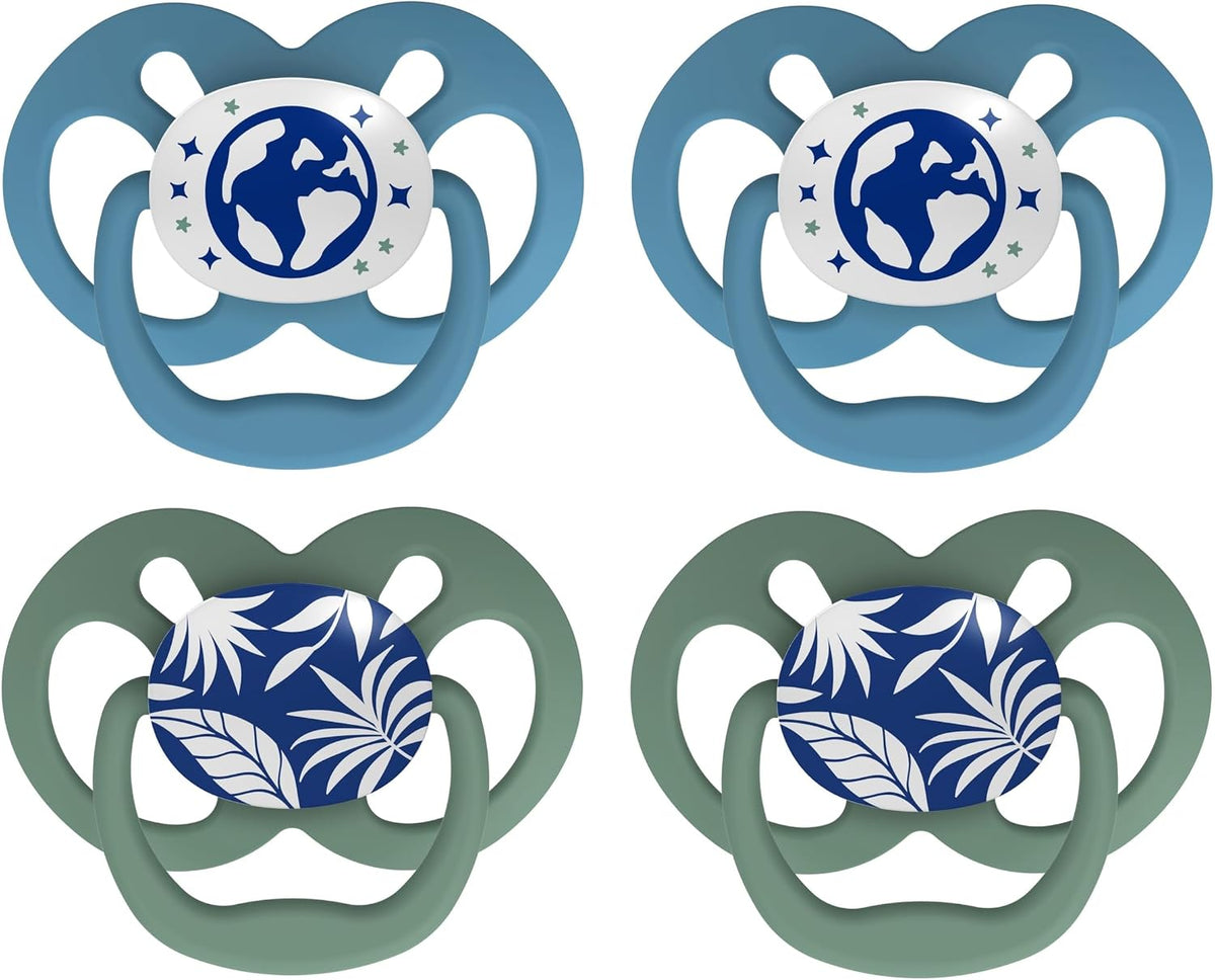 Dr. Brown's Advantage Glow-in-the-Dark Baby Pacifier, Fully Symmetrical Soother with Soft Silicone Bulb, Skateboard Snail-Blue Nature, 6-18m, BPA Free, 4 Pack