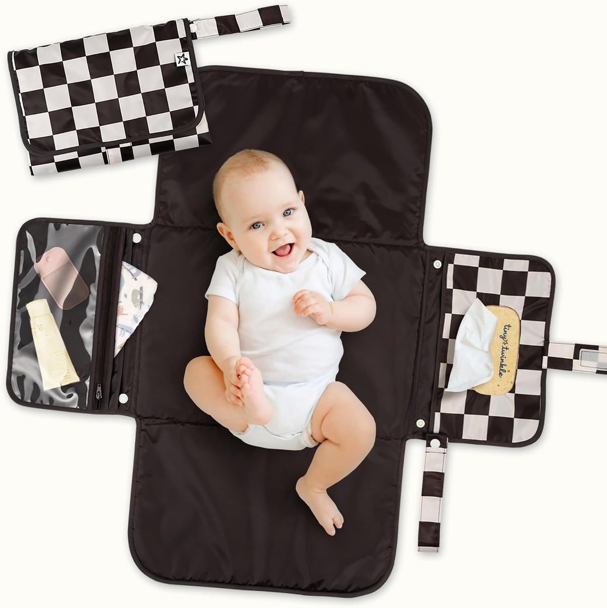Tiny Twinkle Portable Diaper Changing Pad | Waterproof, Wipeable & Compact Baby Changing Pad for Travel | Smart Wipes Pocket & Organized Storage| Newborn Shower Gift (Sage Checkers)