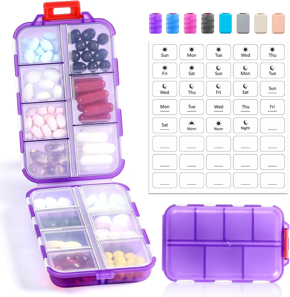LANDNEOO 14 Grids Pill Organizer Box with Labels, Travel Medication Holder Dispenser Case Kit, Pocket Daily Pharmacy Container for Fish Oil Vitamin Supplement Storage, Khaki Pink Grey, 3 Pack