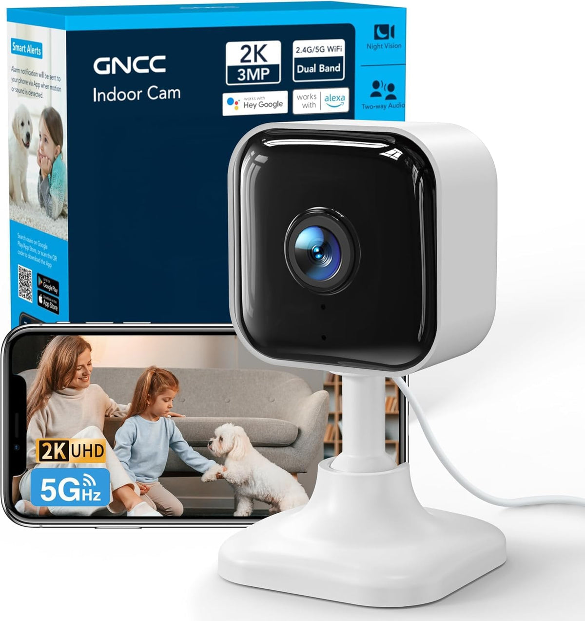 GNCC 2K Indoor Camera for Home Security with Phone App 5G/2.4G WiFi Pet Cam