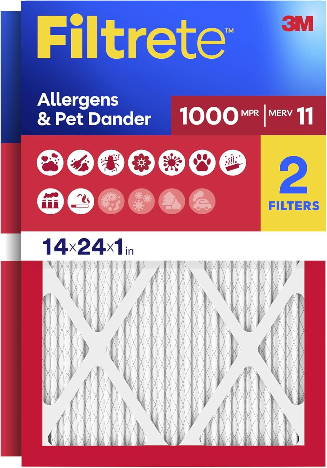 Filtrete 20x25x1 Air Filter, MERV 11, MPR 1000, Allergens & Pet Dander, 3-Month AC and Furnace Filters, Cleaner Air, Reliable Airflow, 2 HVAC Filters (Actual Size 19.68 x 24.68 x 0.81 in)