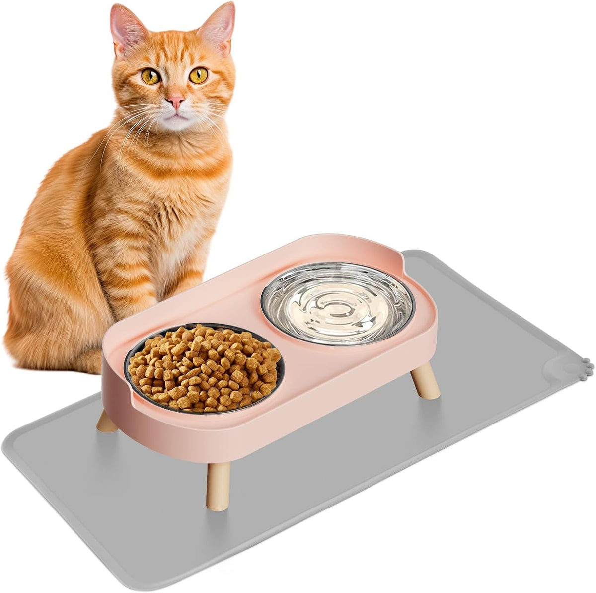 Elevated Cat Bowl, Raised Cat Food and Water Bowl Set for Indoor Cats, Splash Proof with 2 Stainless Steel Pet Food Bowls for Cats and Puppies, Whisker Fatigue and Dishwasher Safe - White