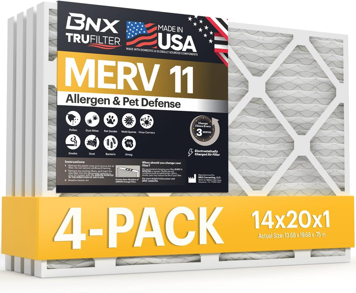 BNX TruFilter 20x20x1 Air Filter MERV 11 (6-Pack) - MADE IN USA - Allergen Defense Electrostatic Pleated Air Conditioner HVAC AC Furnace Filters for Allergies, Dust, Pet, Smoke, Allergy MPR 1200 FPR 7