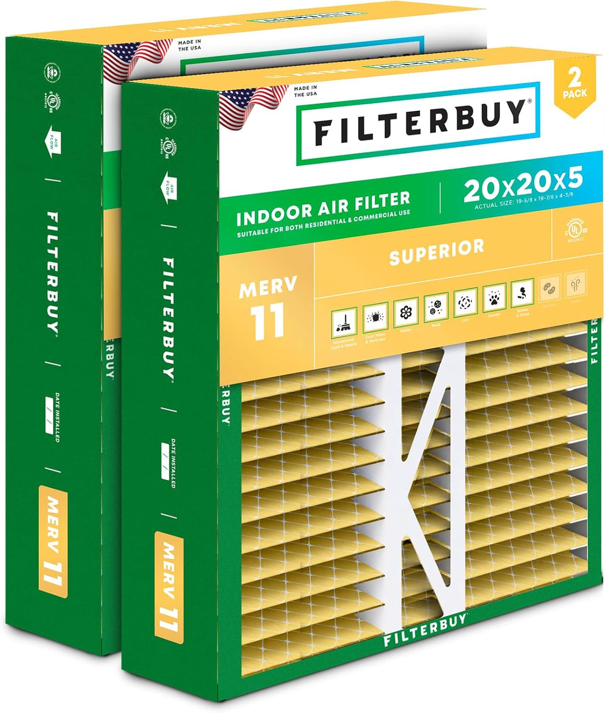 Filterbuy 20x25x5 Air Filter MERV 11 Pet & Allergy Defense (2-Pack)