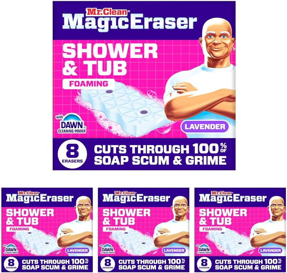 Mr. Clean Magic Eraser Sponge, Bathroom, Shower, Tub Cleaner, Soap Scum Remover, Bathroom Cleaning Supplies, Dawn Cleaning Power with Lavender Scent, Shower & Tub, 8ct