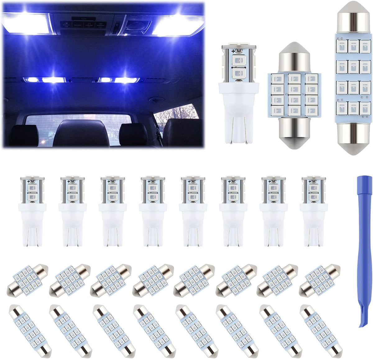 iFunyLED 24 Pieces Dome Light LED Car Interior Bulb Kit Set 194 T10 DE3175 578 31mm 42mm Bulbs Interior Replacement Lights for Car Map License Plate Door Side Marker Cornering Trunk Light - White