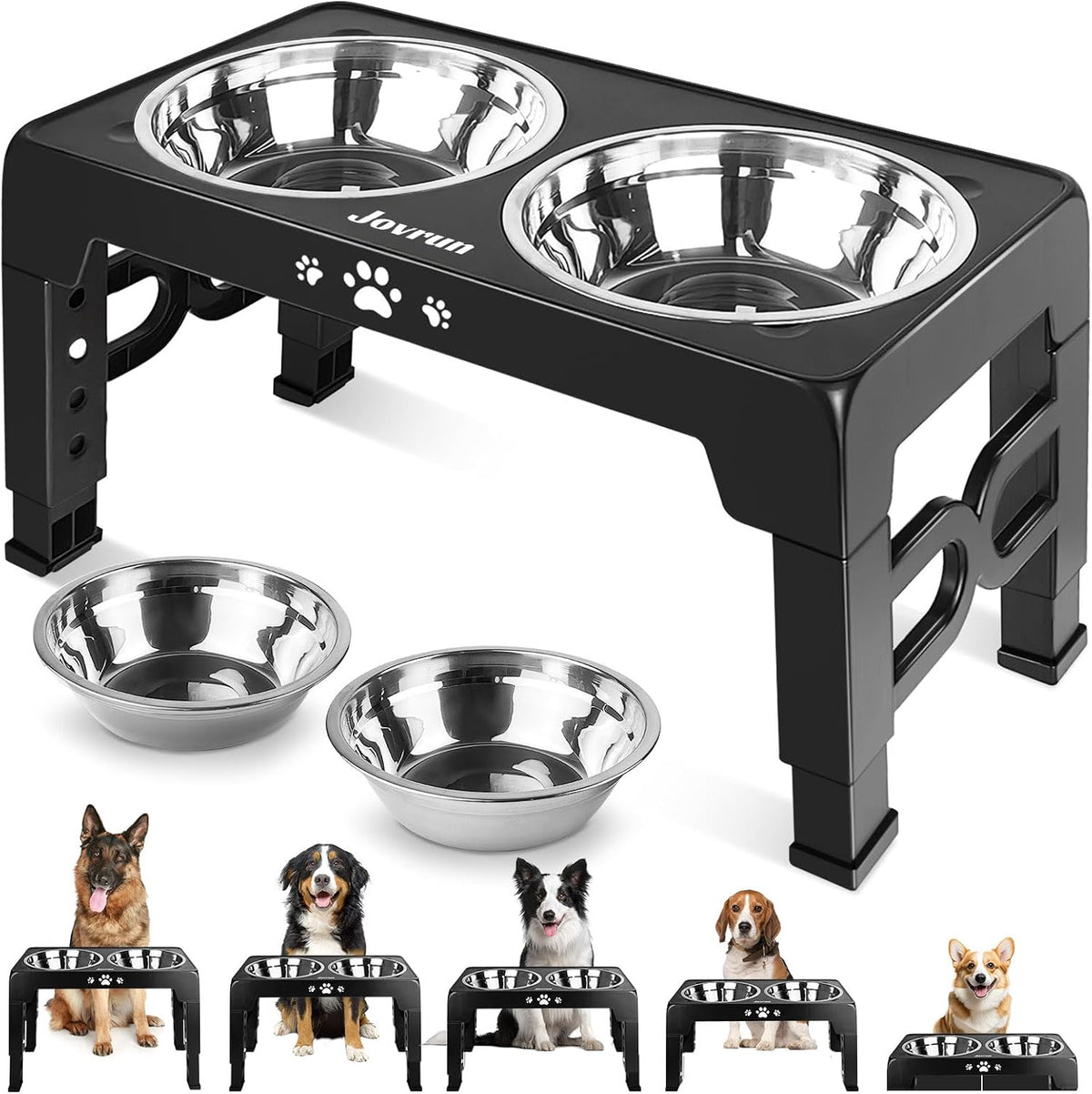 Jovrun Elevated Dog Bowls for Medium Large Size Dogs, Non-Slip Dog Feeder with 1*Stainless Steel Dishes & 1*Slow Feeder Bowl, 5 Heights Adjustable Raised Bowls to 3.15″-8.66″-9.84″-11.02″-12.2″