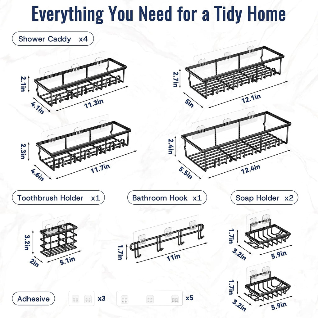 8 Pack Adhesive Large Capacity No-Drilling Shower Caddy, Black