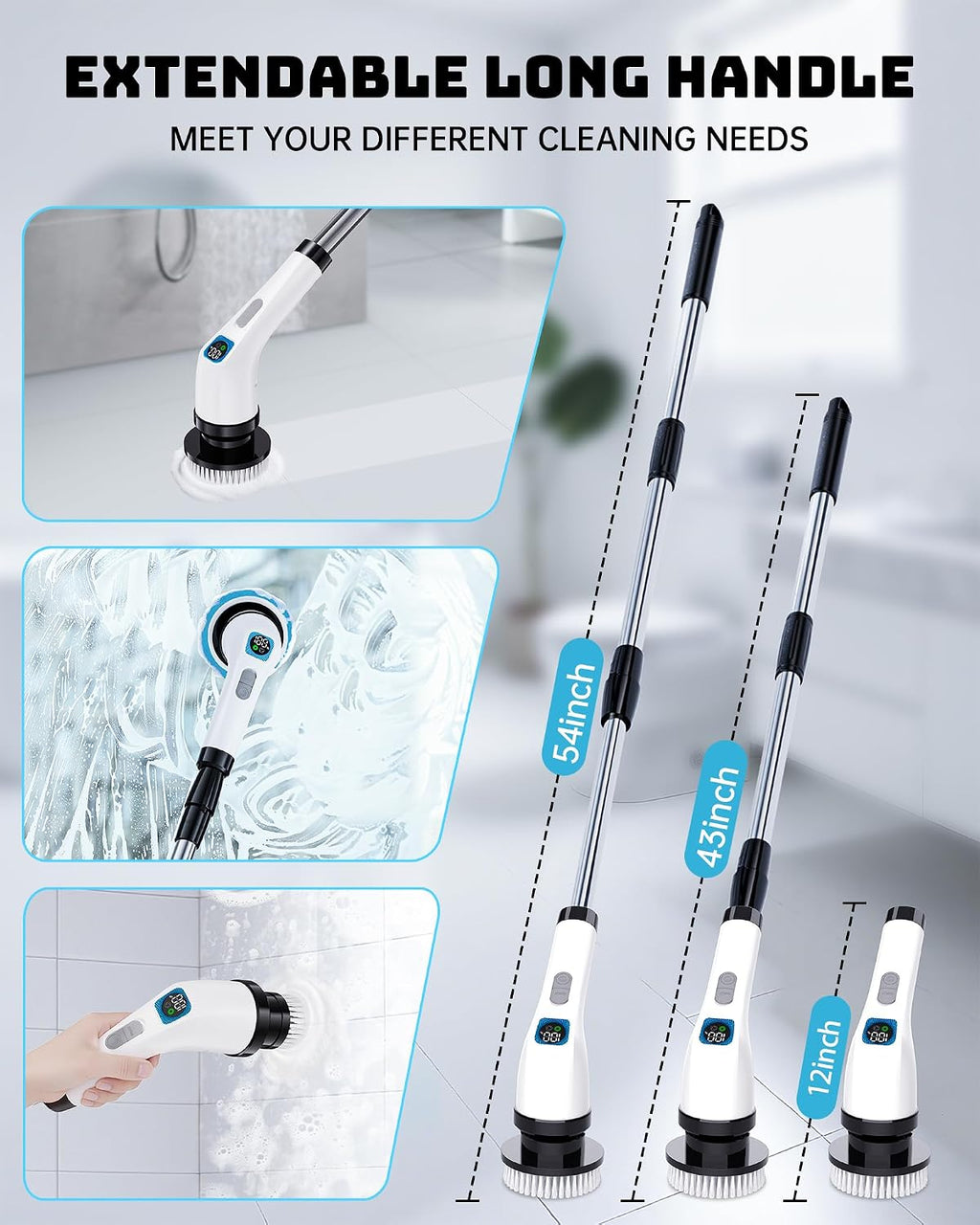 Electric Spin Scrubber with Long Handle | Shower Cleaner Brush for Bathroom