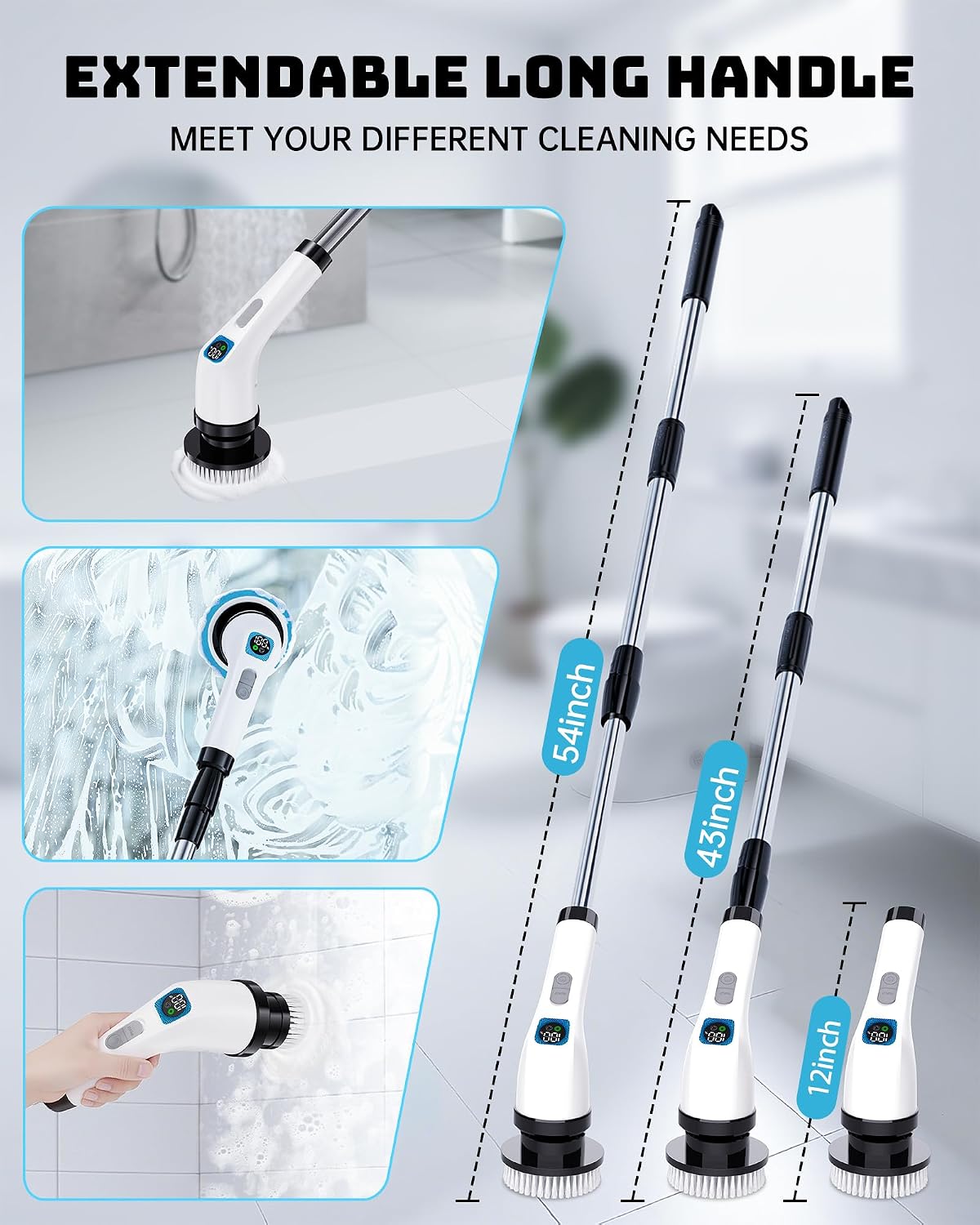 Electric Spin Scrubber with Long Handle | Shower Cleaner Brush for Bathroom