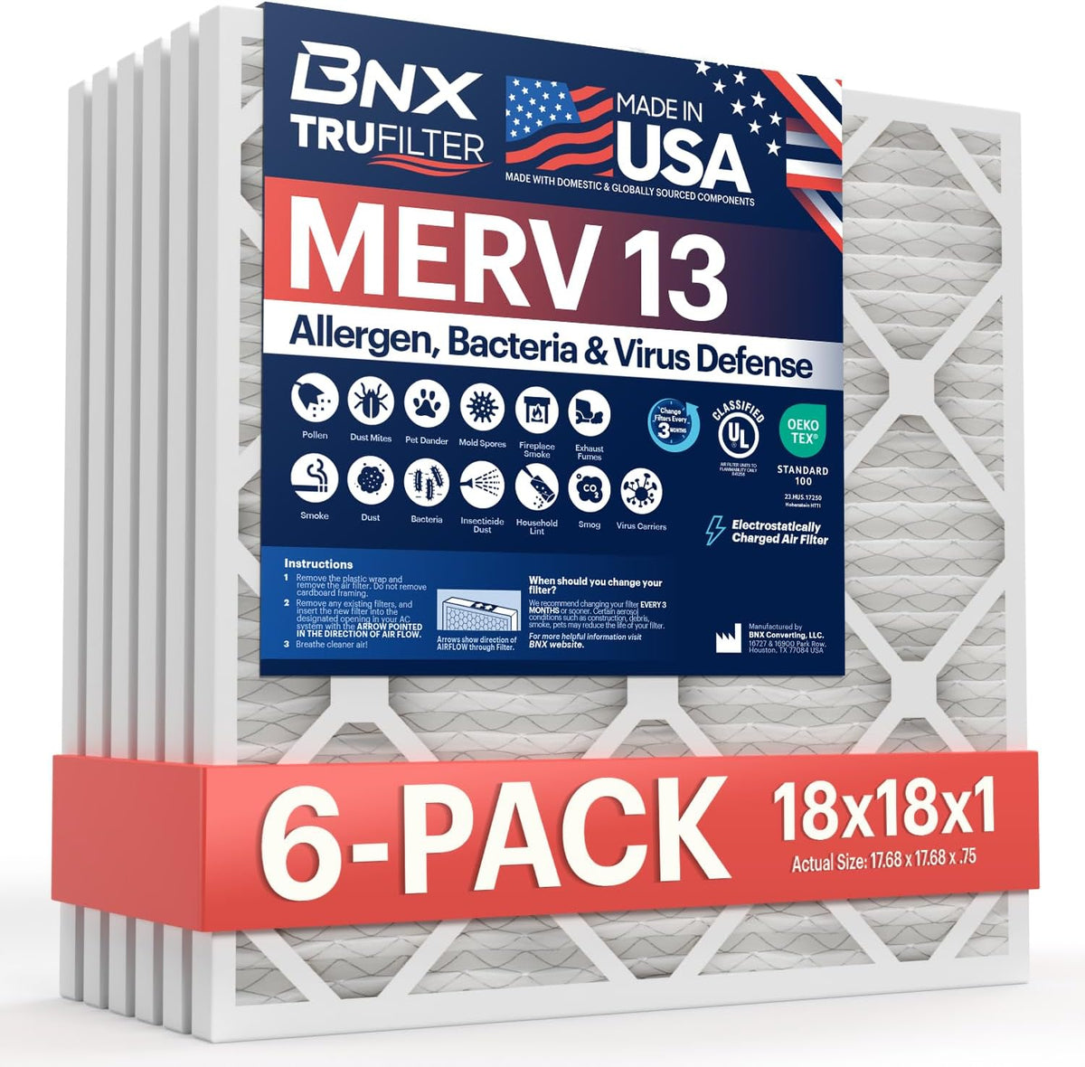 BNX TruFilter 20x20x1 Air Filter MERV 13 AC Filter, HVAC Furnace Filter, 6 Pack (ACTUAL SIZE 19.69"x19.69"x0.75") Allergies, Dust, Pet Dander & Smoke - MADE IN USA - MPR1500 / FPR 10