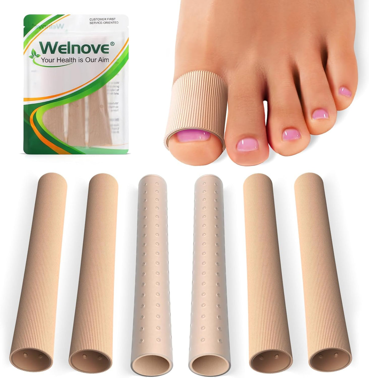 Welnove 10Pack Toe Caps Closed Toe Surface Fabric Sleeve Protectors with Gel Lining, Prevent Pain Relief for Corns, Blisters and Ingrown Toenails (Size Large + Size Medium)