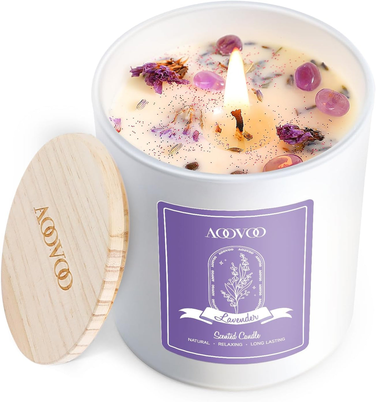 AOOVOO Lavender Scented Candles for Women - Aromatherapy Candle with Crystals Inside, 10oz Soy Candles for Home Scented, Birthday Gifts Mothers Day Candle for Women Mom