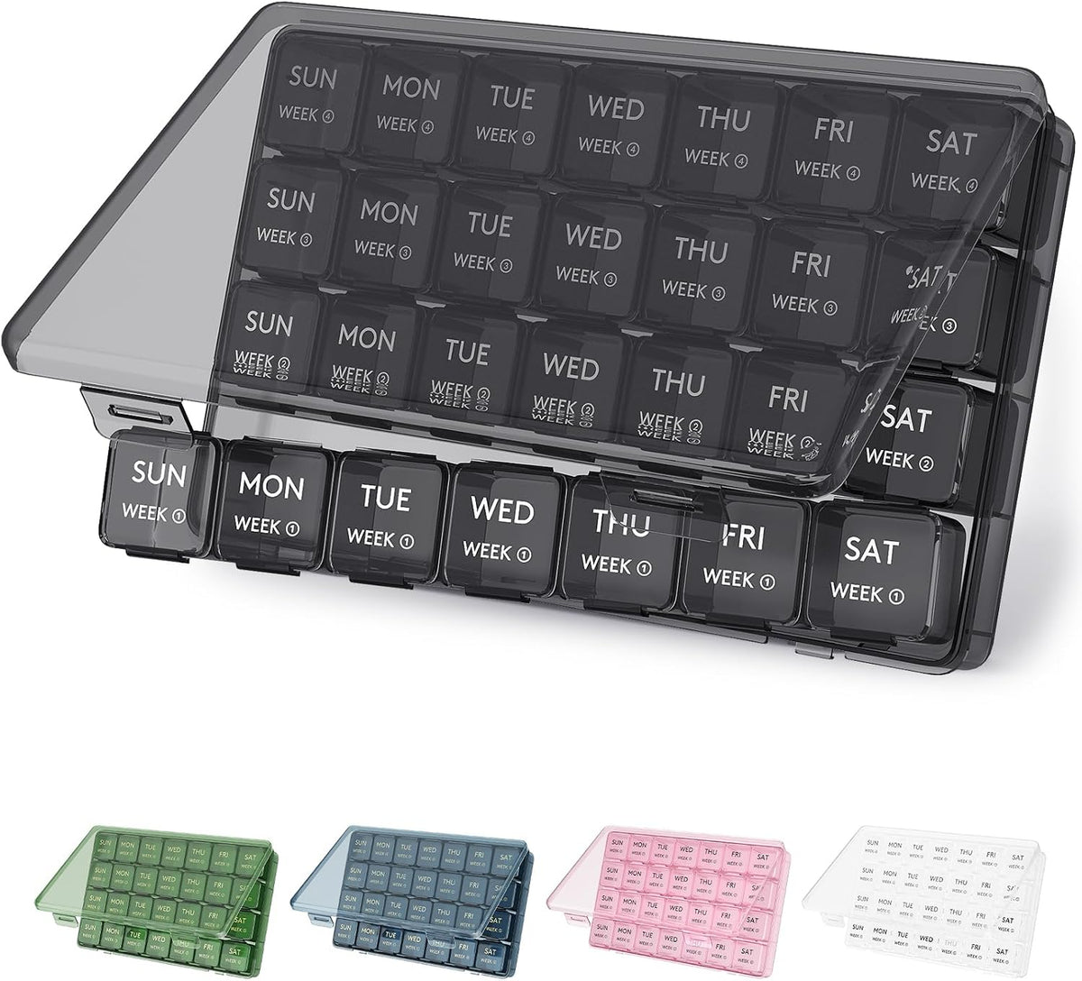 Lifewit Monthly Pill Organizer Once a Day, 28 Day Pill Box, Black, 28 Grids