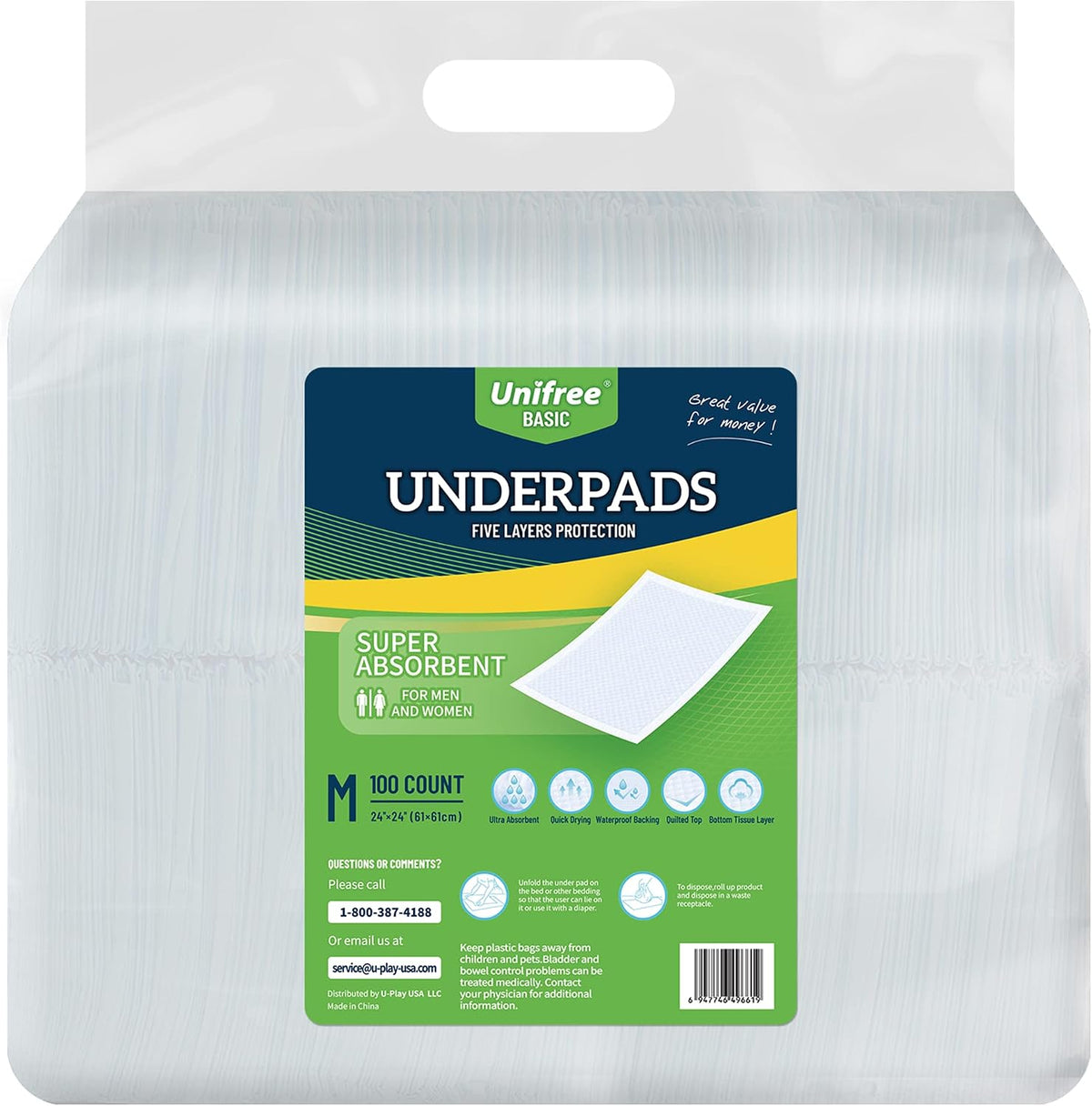 Unifree Disposable Underpads, Bed Pads, Incontinence Pad, Super Absorbent, 50 Count, Blue (XL 30x36 Inch)