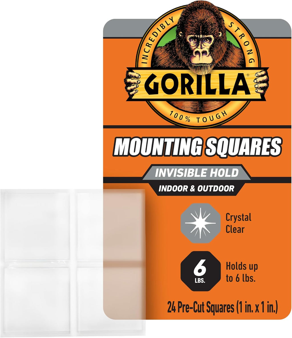 GORILLA Invisible Hold Double Sided Tape, 24 Pre-Cut 1" Mounting Squares