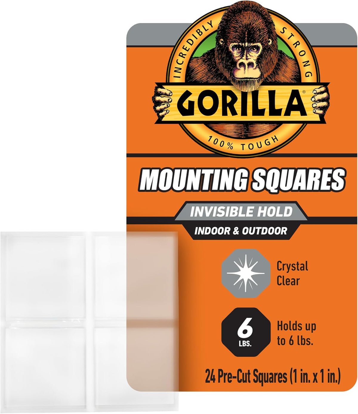 GORILLA Invisible Hold Double Sided Tape, 24 Pre-Cut 1" Mounting Squares