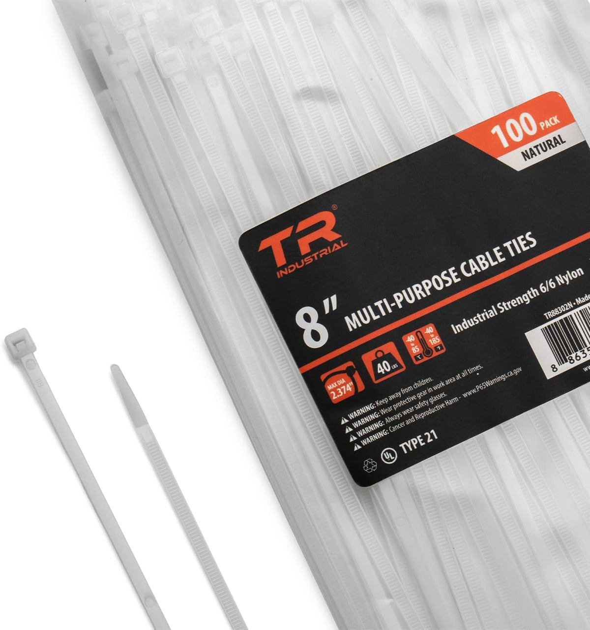 TR Industrial Multi-Purpose UV Resistant Black Cable Ties, 8 inches, 100 Pack