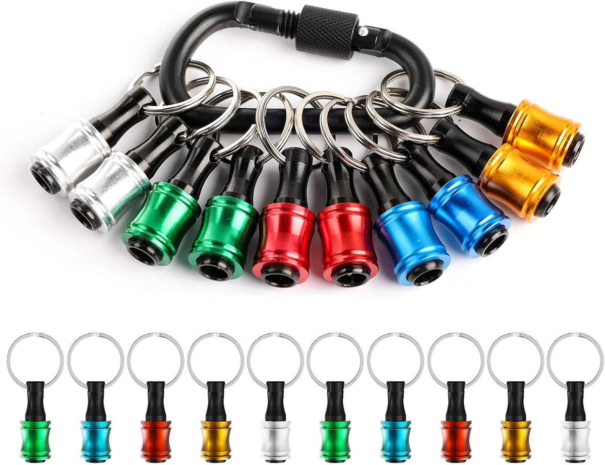 Push to Unlock,Katerk 6pcs 1/4 inch Hex Shank Aluminum Alloy Screwdriver Bit Holder Light-Weight Quick-Change Extension Bar Keychain Drill Screw Adapter Portable,Black Carabiner,Tool Gifts for Men