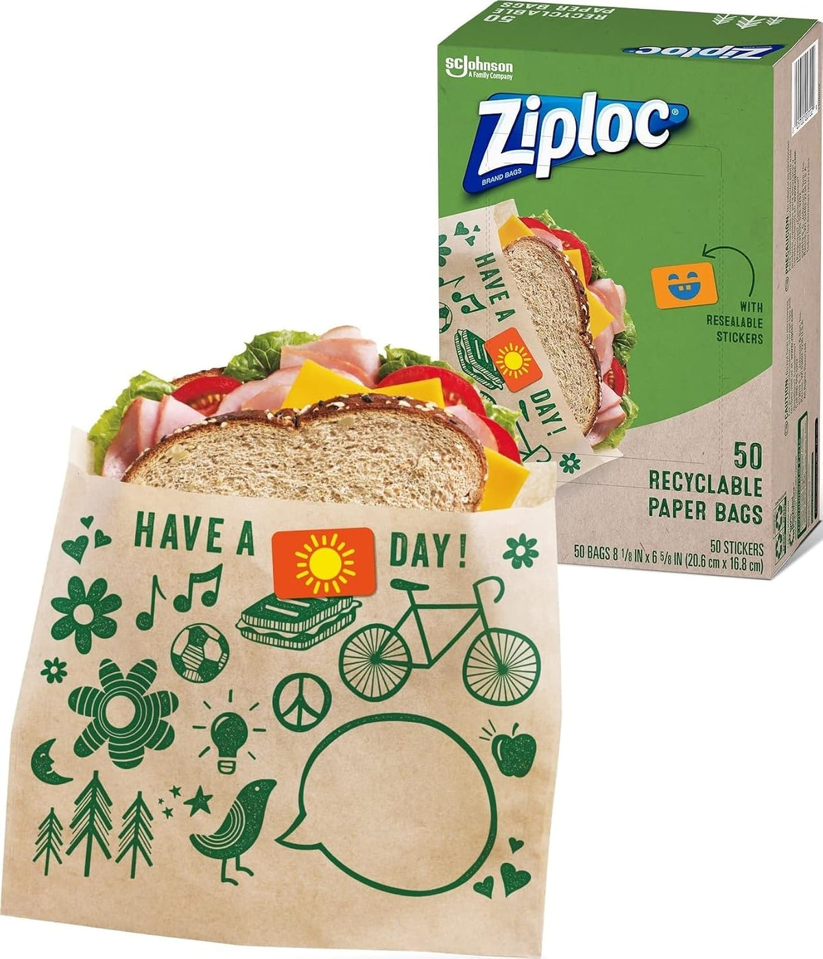 Ziploc Paper Sandwich & Snack Bags, Sealable, Fun Designs, 50 Count