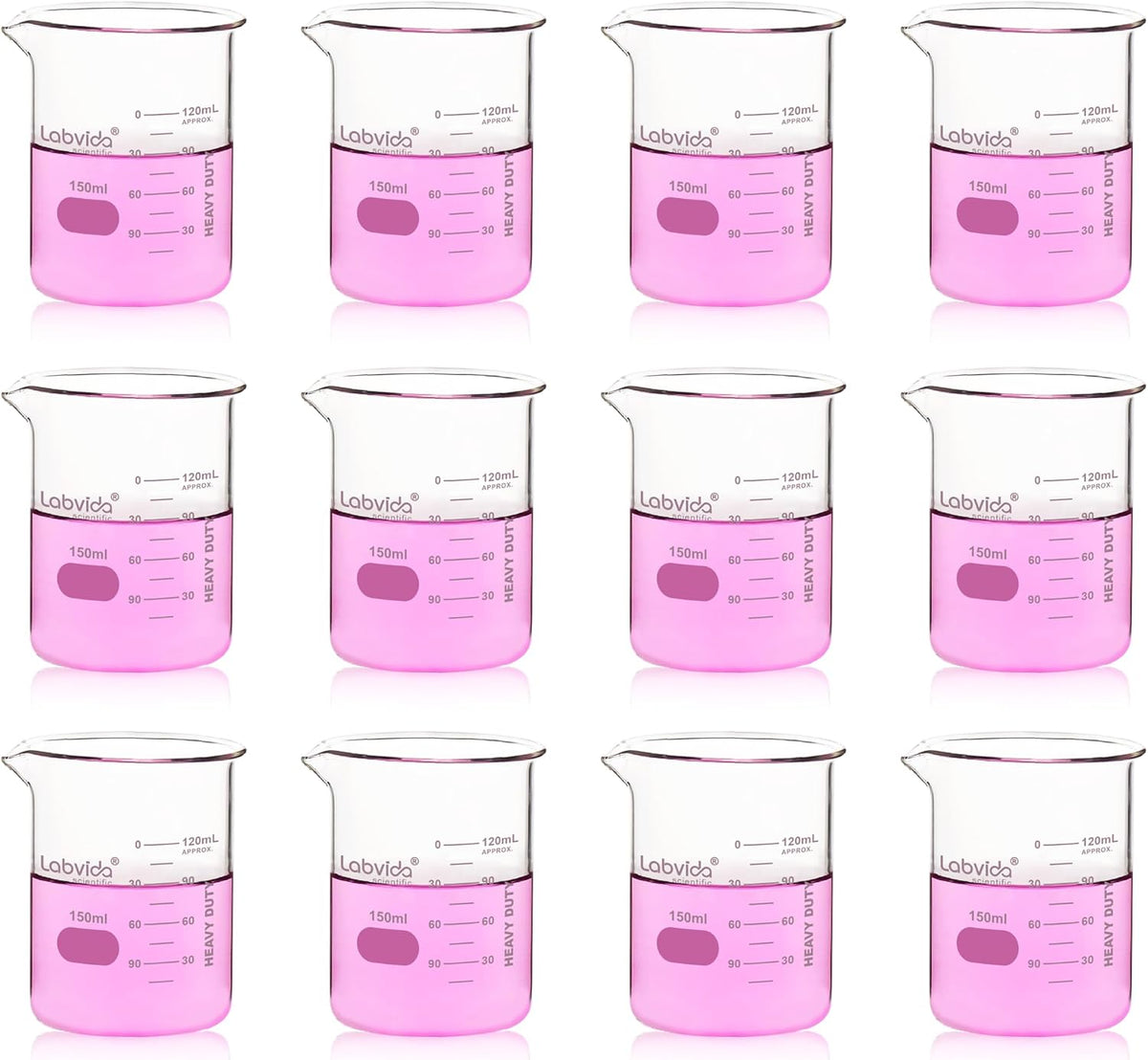 Upgrated 6 Size Low Form Glass Beaker Set, 25ml 50ml 100ml 250ml 500ml 1000ml, 3.3 Boro Glass beakers with Printed Graduation, LVA019