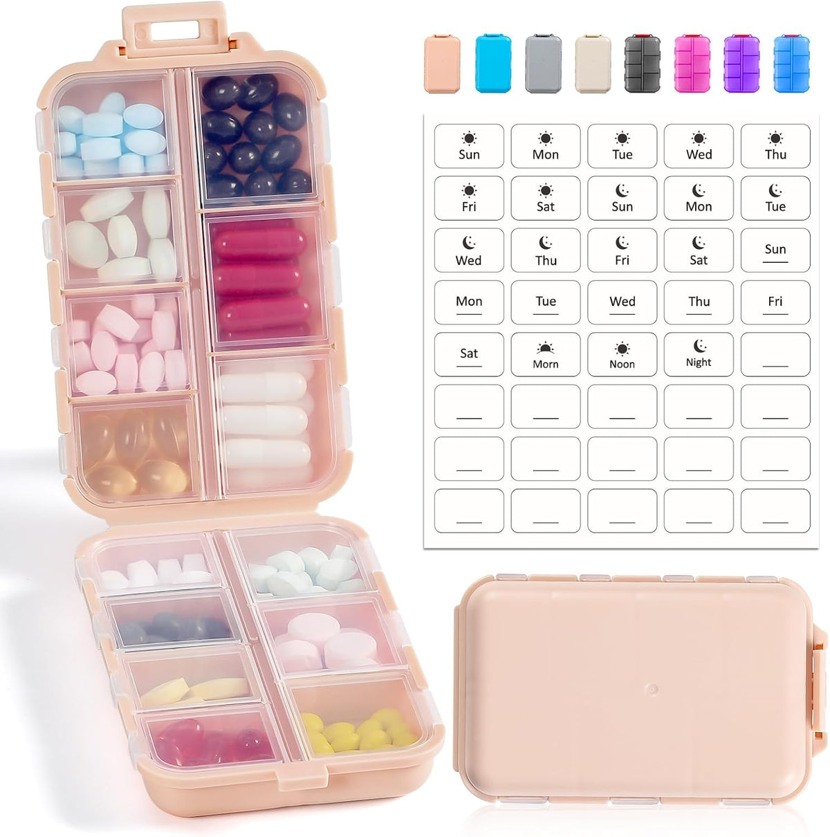 LANDNEOO 14 Grids Pill Organizer Box with Labels, Travel Medication Holder Dispenser Case Kit, Pocket Daily Pharmacy Container for Fish Oil Vitamin Supplement Storage, Khaki Pink Grey, 3 Pack