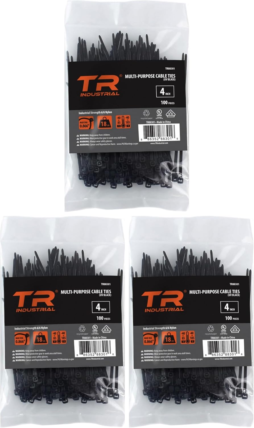 TR Industrial Multi-Purpose UV Resistant Black Cable Ties, 8 inches, 100 Pack