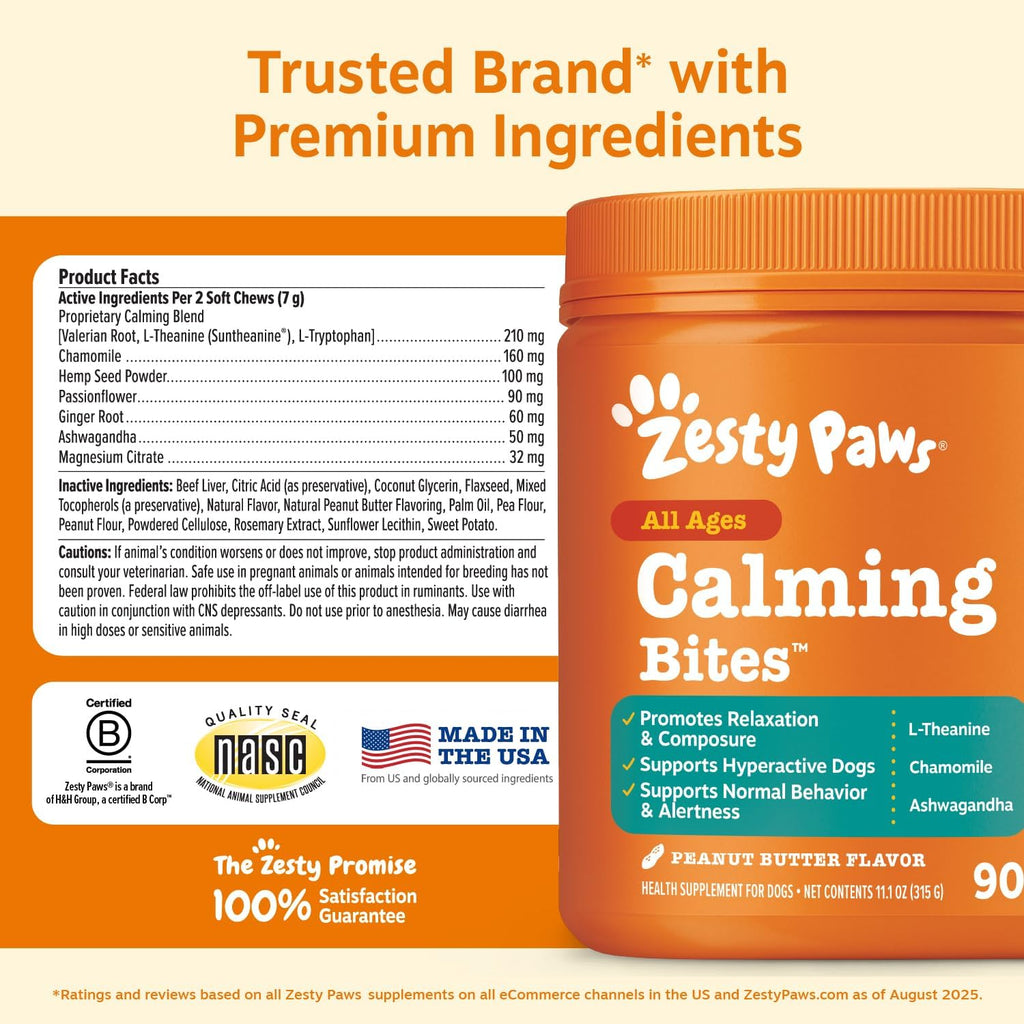 Zesty Paws Calming Chews for Dogs - Dog Calming Supplement, PB, 90 Ct