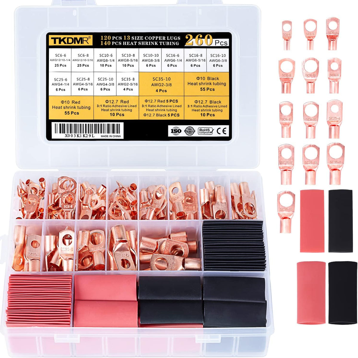 TKDMR 160Pcs Copper Wire Lugs AWG2 4 6 8 10 12 with Heat Shrink Set, 80Pcs Battery Cable Ends Ring Terminals Connectors Tubing Assortment Kit