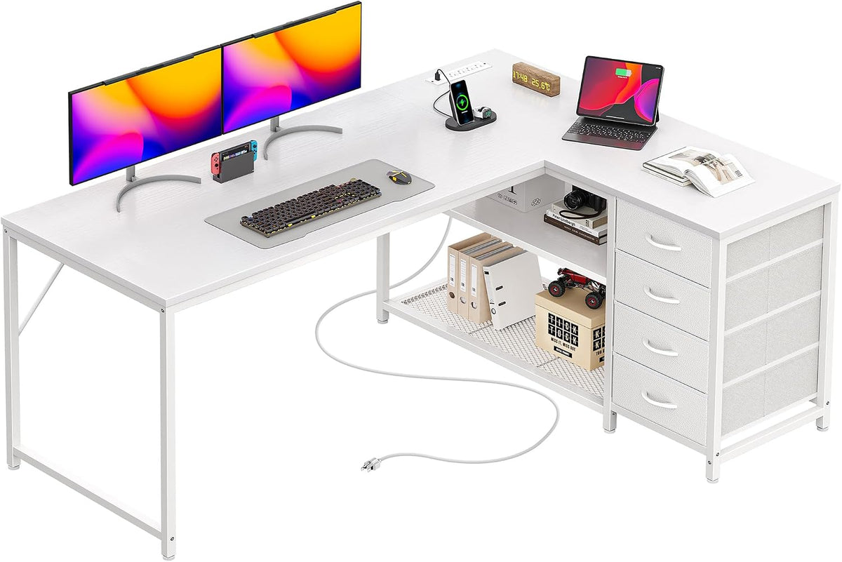 PRAISUN 61" L Shaped Desk with Power Outlets & 4 Drawers