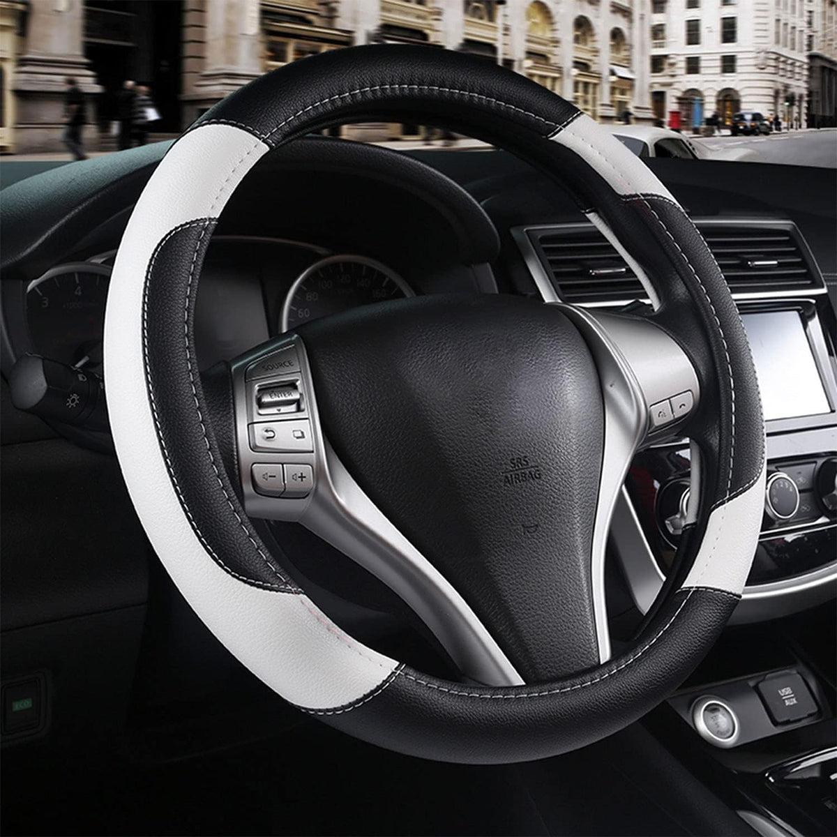 Leather Car Steering Wheel Cover, Universal Fit for Most Cars, Beige