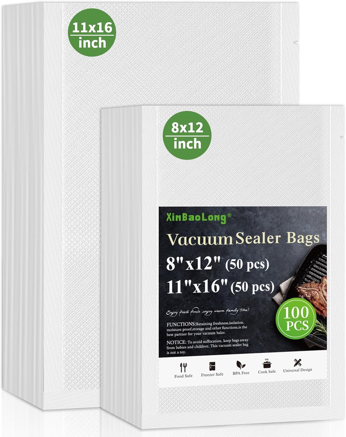 Vacuum Sealer Bags, 11"x16" Gallon, 8"x12" Quart, 6"x10" Pint, 150Pcs