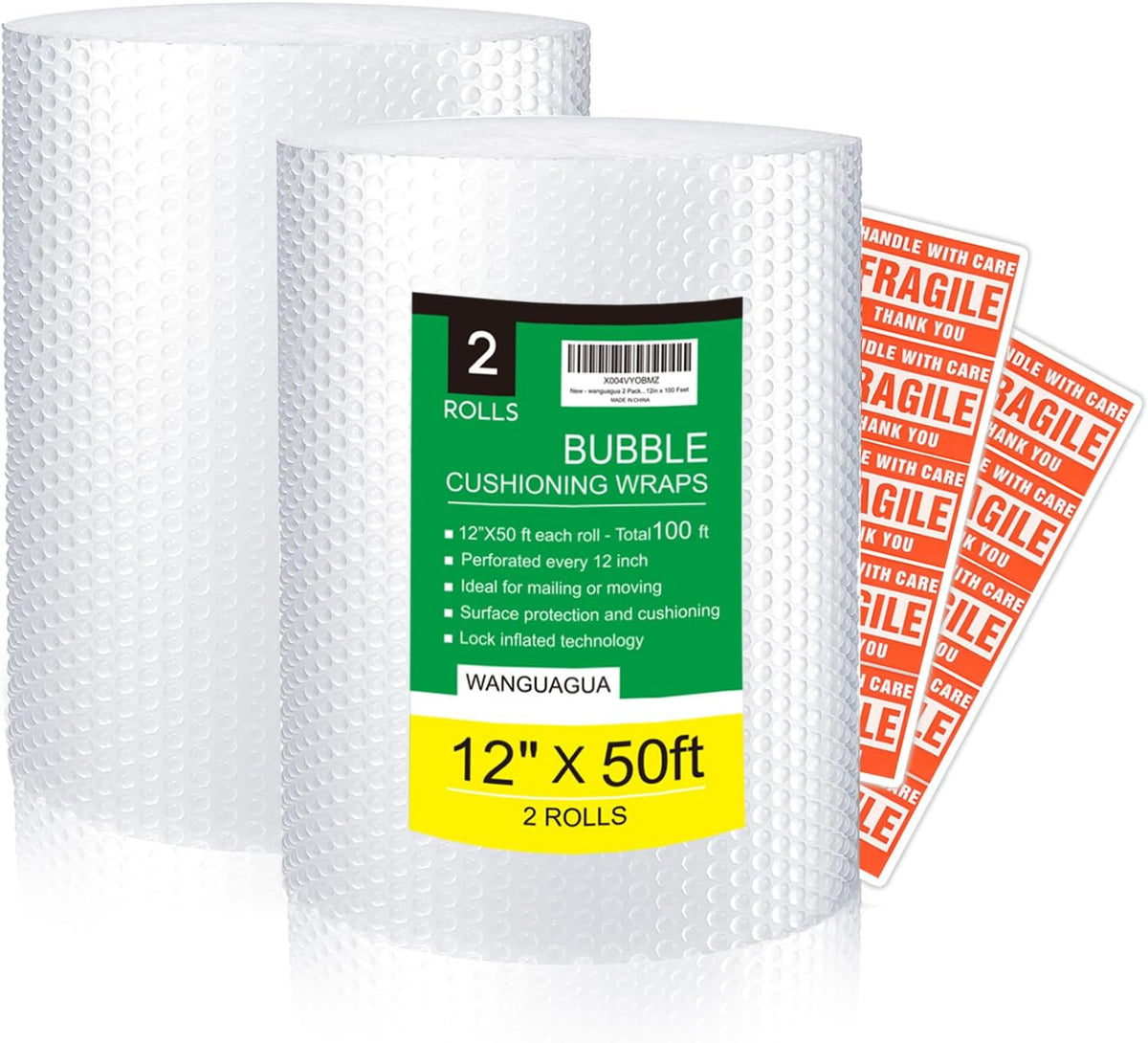 wanguagua Bubble Packing Moving Wrap, 12 Inch x 72 ft Total, 2 Pack