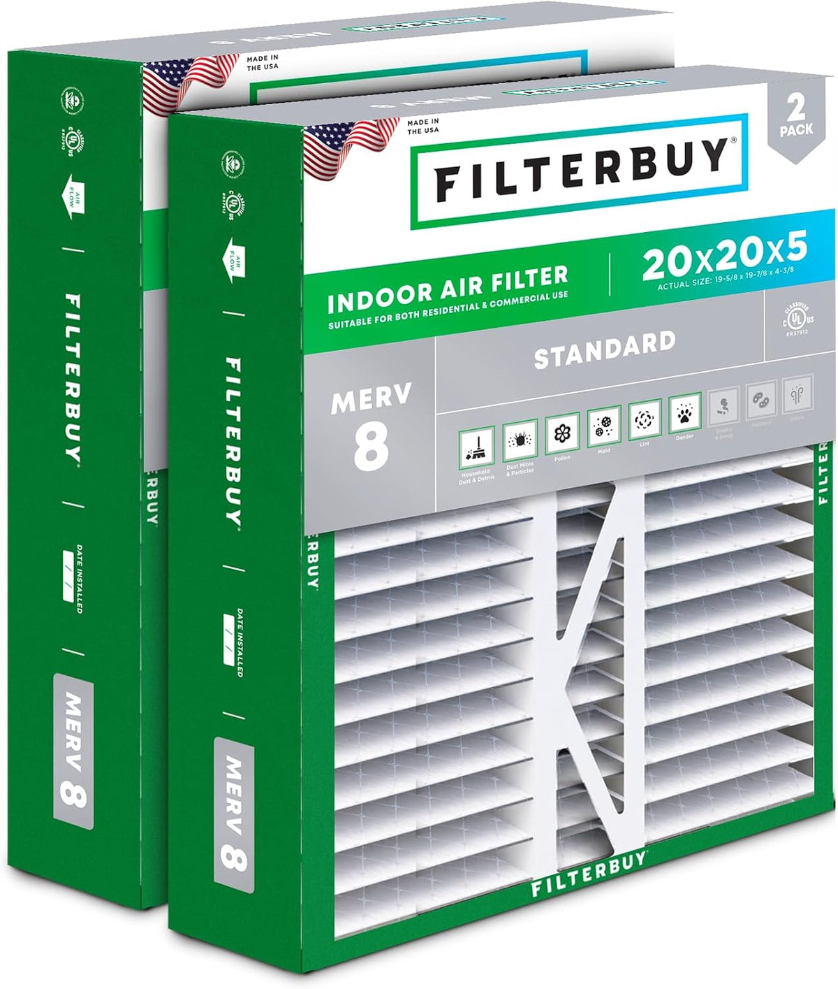 Filterbuy 20x25x5 Air Filter MERV 8 Dust & Allergy Defense (2-Pack)