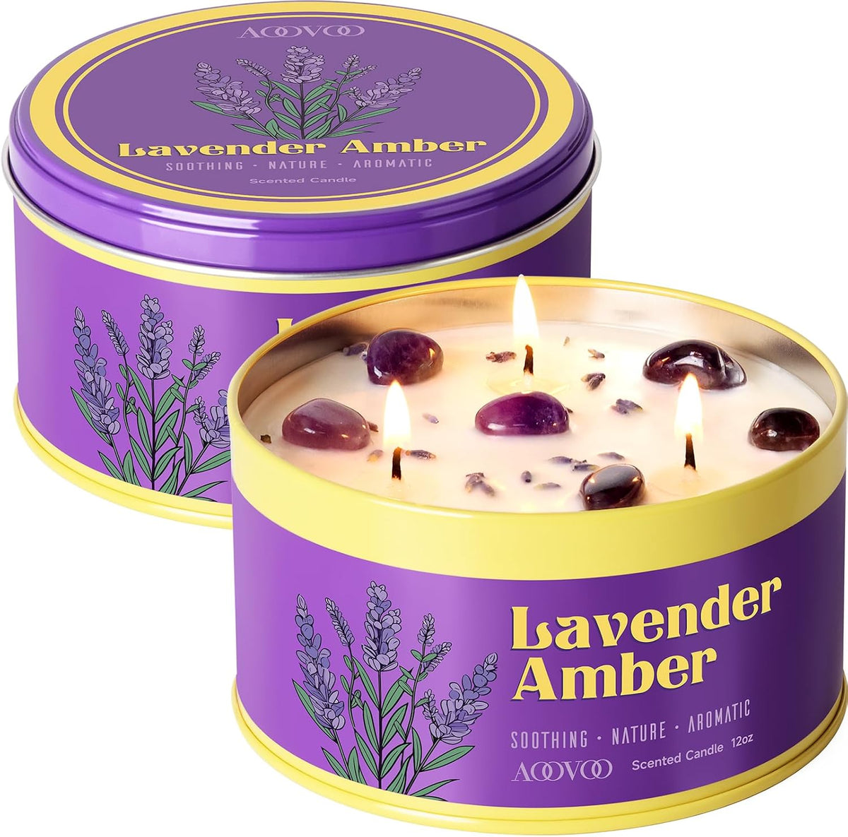 AOOVOO Sage Candle for Cleansing - 3 Wick 12oz Large Scented Candle with Crystals & Sage Leaves Inside, Soy Candles Non Toxic for Meditation Spiritual Gift, Aromatherapy Candle for Women Men