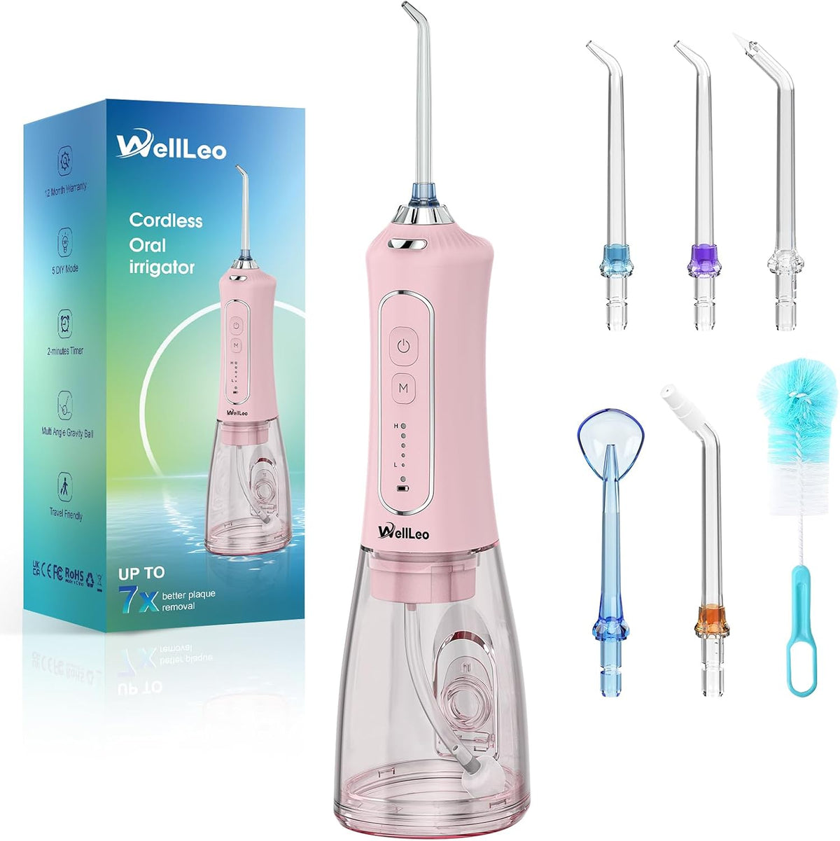 WellLeo Water Flossers for Teeth, 300ML Cordless Oral Irrigator Rechargeable Dental Flosser Picks with 5 Modes 5 Jet Tips,IPX7 Waterproof Teeth Cleaner for Braces Gum Care, Home Travel Use