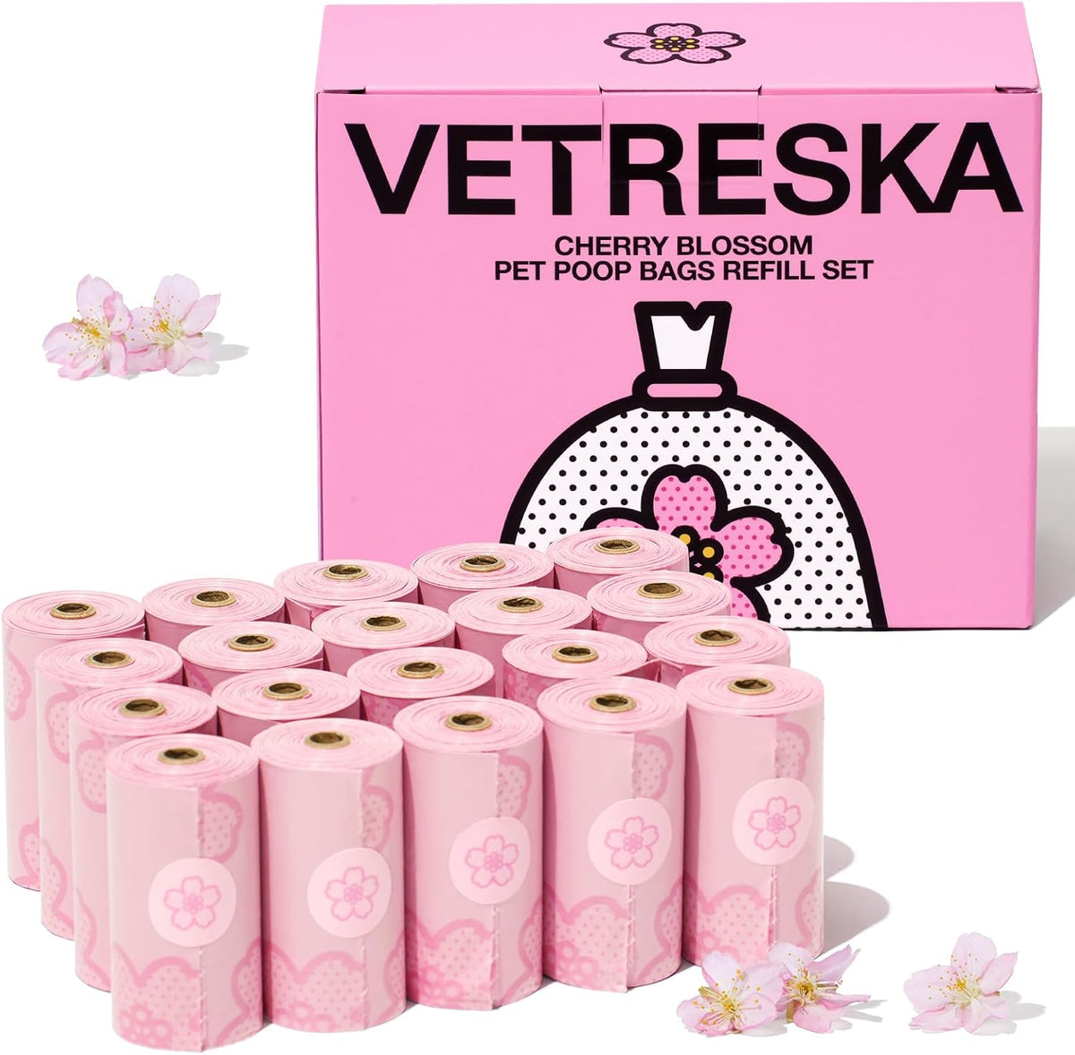 VETRESKA Dog Poop Bag Dispenser with Strawberry Scented Bags, 105 Counts | Leak Proof and Extra Thick Pet Waste Bags, 1 Poop Bag Holder and 7 Rolls for Dog Walking and Cats Litter