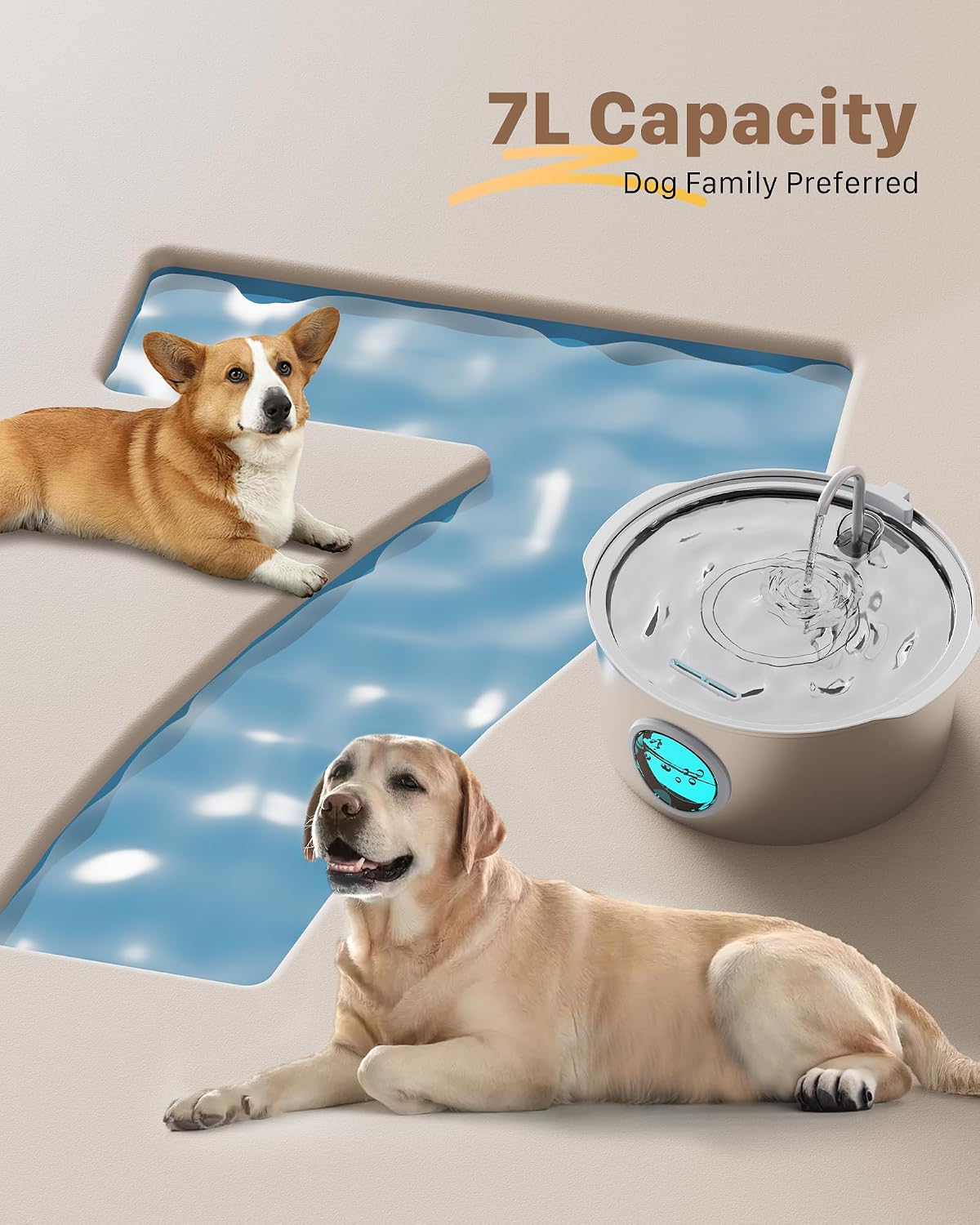 Dog Water Fountain for Large Dogs: 7L/236oz/1.8G Dog Fountain Stainless Steel - Big Cat Drinking Fountain Indoor - Super Quiet Water Fountain for Dogs Inside - for Large Dog Cats & Multi-Pet Home