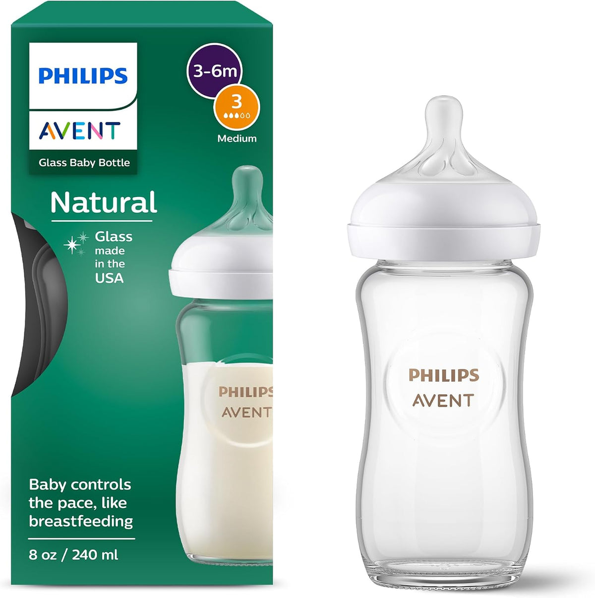 Philips Avent Natural Glass Baby Bottles, Slow Flow, 4 oz, BPA-Free, 4-Pack
