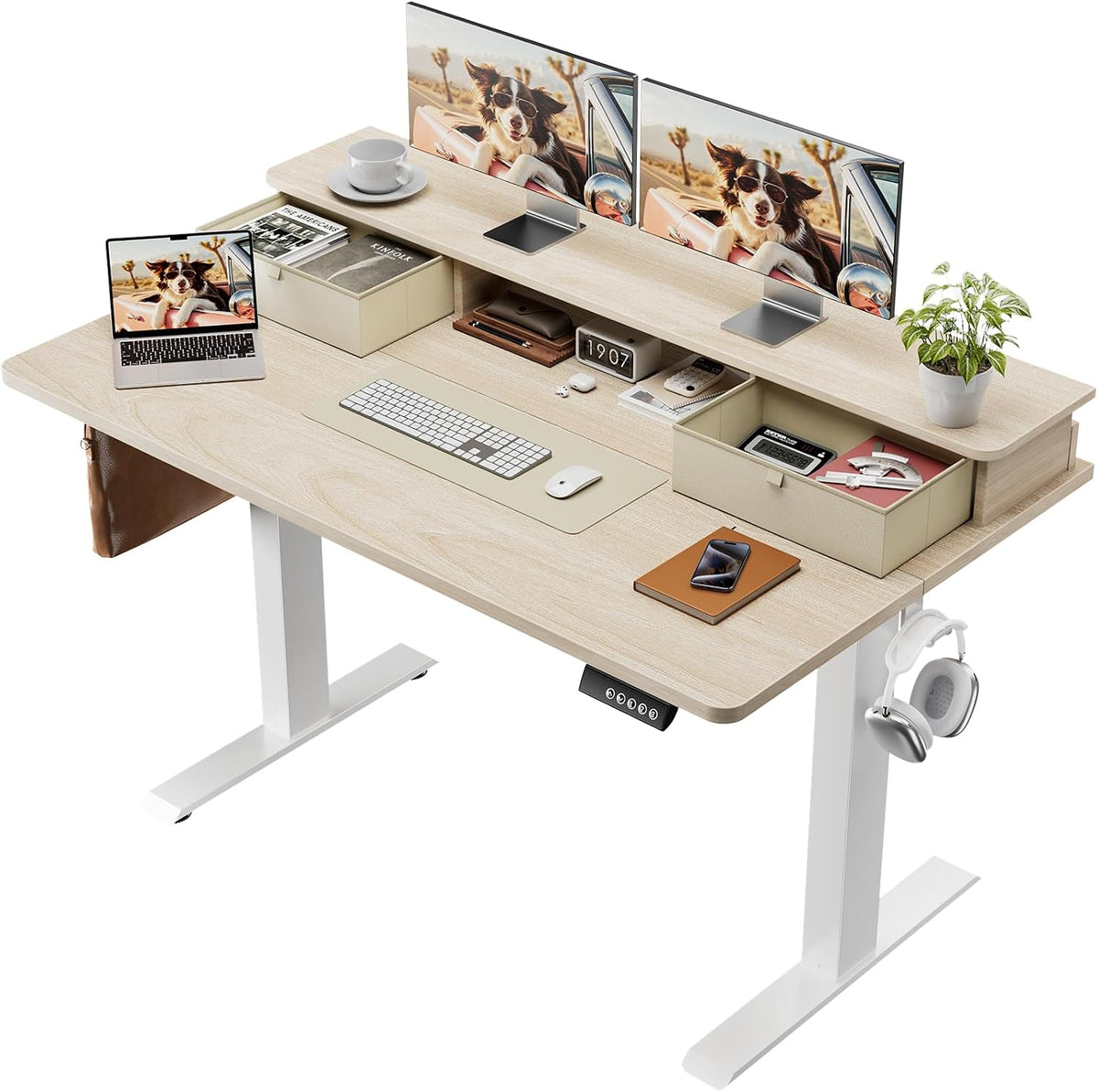 Veken 47x28 in Electric Standing Desk with Drawers, Adjustable Table, Brown
