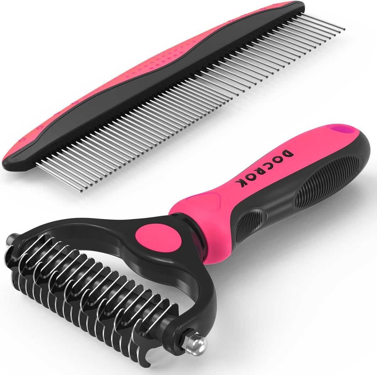 Docrok Pet Grooming Combo - Blue Deshedding Brush with Metal Comb for Detangling and Dematting Long, Matted Fur on Cats and Dogs